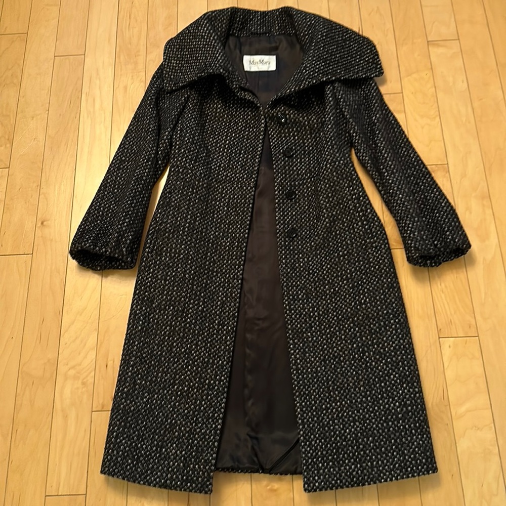 MaxMara Black and Silver Tweed Long Coat